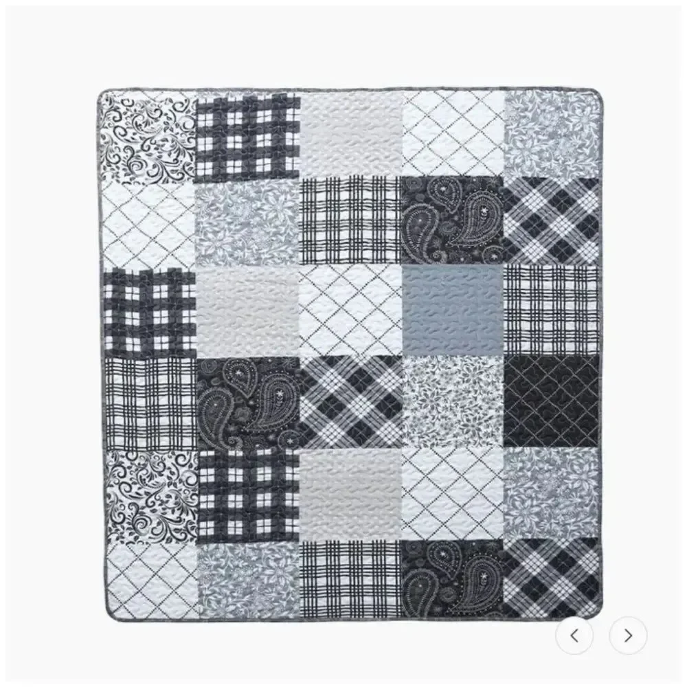 Paisley Patchwork Black Grey Printed Quilted Reversible Throw Blanket Farmhouse
